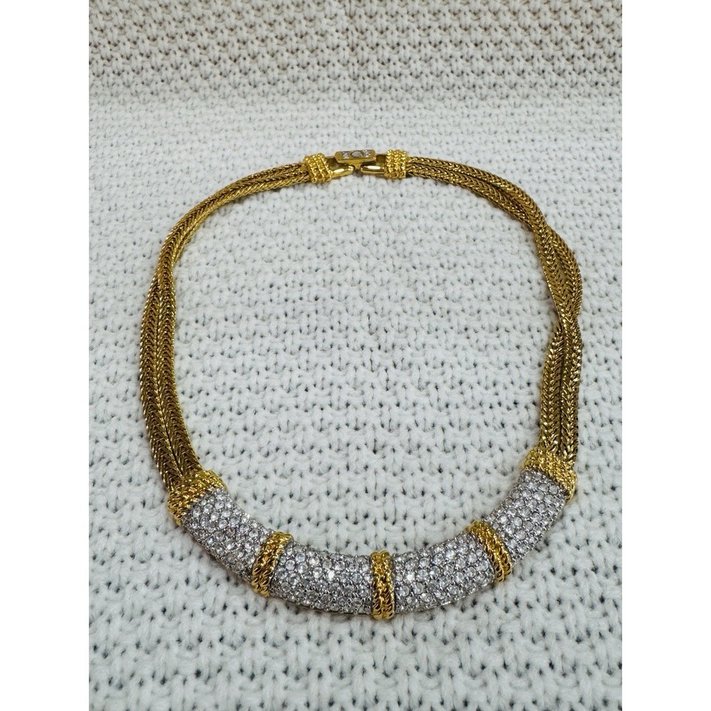 Vintage Swarovski Gold Tone Multi-Strand Pavé Crystal Collar Necklace Swan